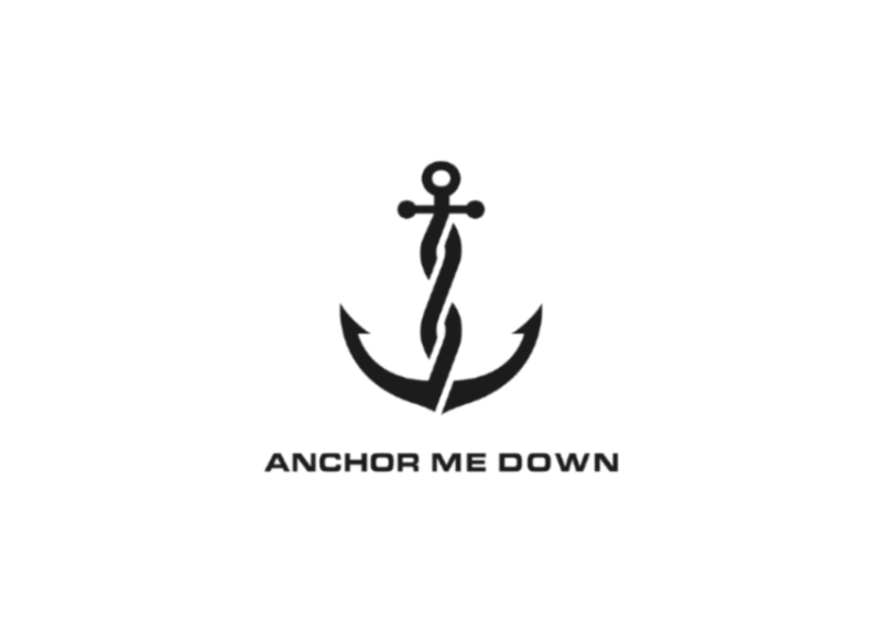 Black anchor symbol with 'Anchor Me Down' text on a white background